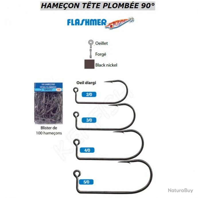 HAMECONS DROITS TÊTE PLOMBÉE 90° FLASHMER 2/0 1 HAMECONS DROITS TÊTE PLOMBÉE 90° FLASHMER 2/0
